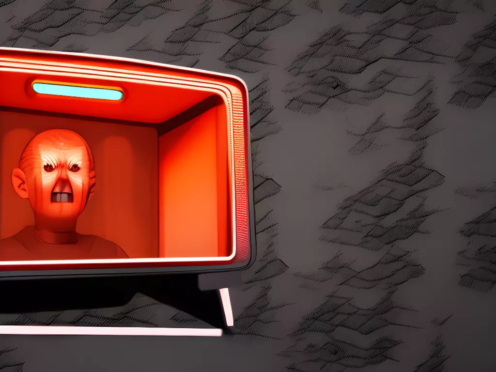 Imagen de una persona usuaria en forma de personaje de película de terror de los años 70 en un televisor rojo al estilo de los años 70.