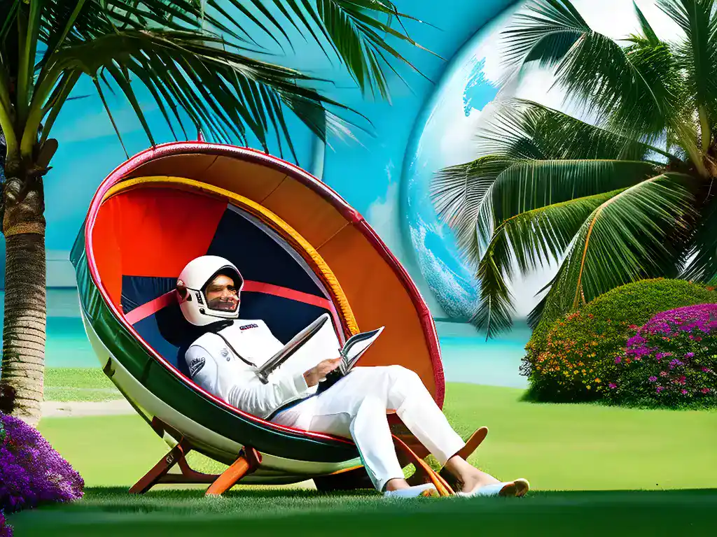 Una imagen de un astronauta descansando en una silla de picnic en un mundo tropical.