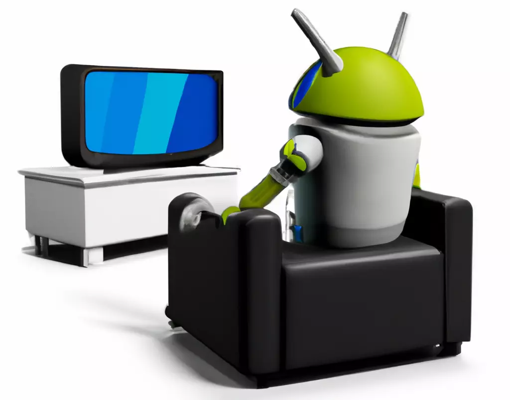 Android in an armchair watching blue launcher on tv.