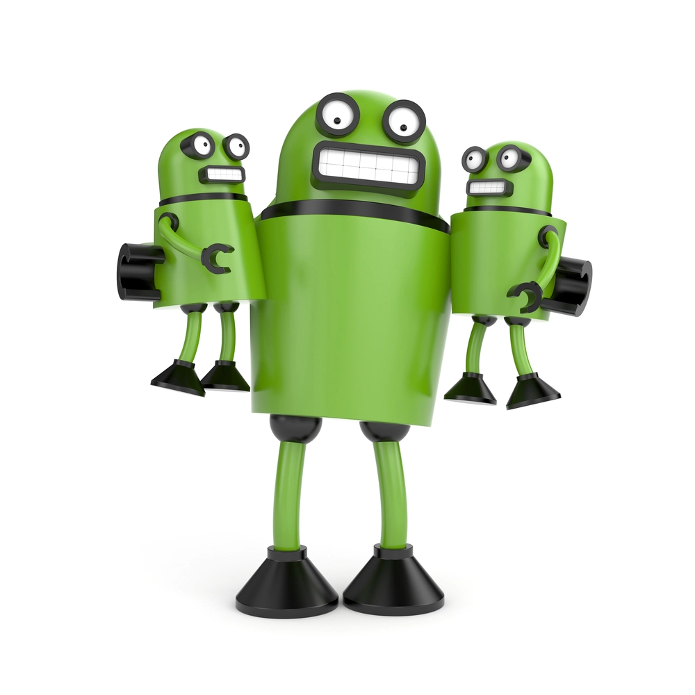A big green robot similar to the one symbolizing Android OS, holding two smaller robots as a symbol of solutions developed within Android TV operator tier.