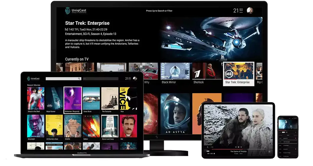Image showing 4 different android tv devices showing movie library, launcher, or a movie player.