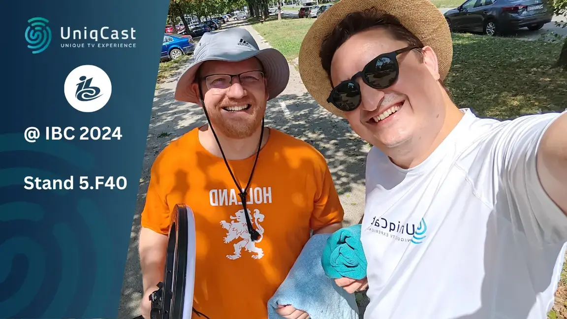 Miniatura con presentadores de cortos de UCast que invitan a los espectadores a experimentar nuestras soluciones de IPTV/OTT en la IBC 2024 de Ámsterdam.
