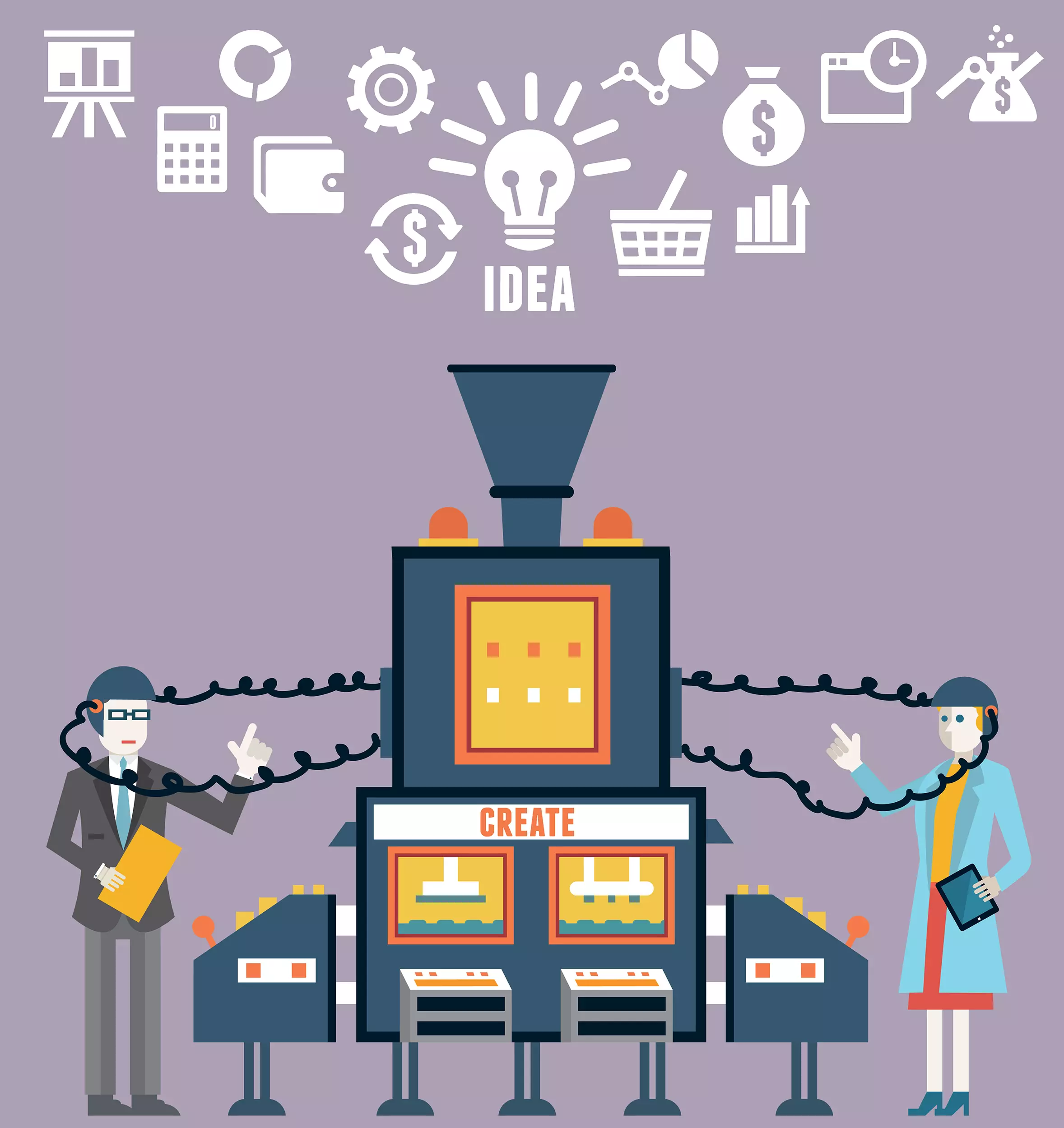 A vector image of a man and woman creating ideas.