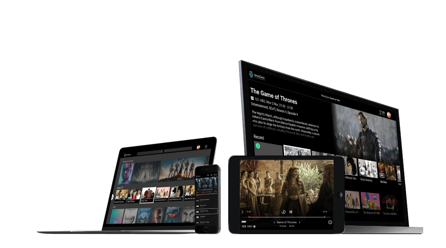Different devices displaying UniqCast OTT platform