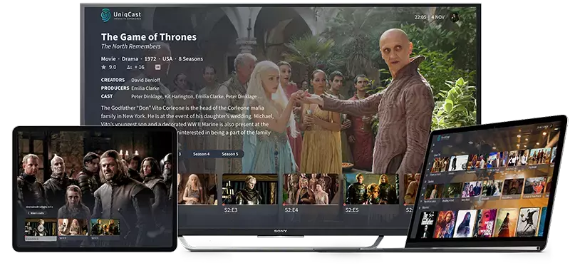 Imagen que muestra un televisor, una tableta y un ordenador portátil donde se muestra una búsqueda de series de televisión con el logotipo de UniqCast en el televisor en la esquina izquierda.