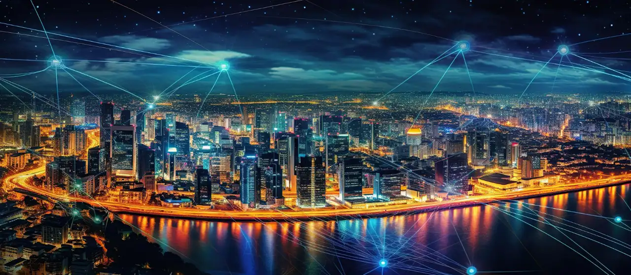 La ciudad de noche con conexiones a la red.