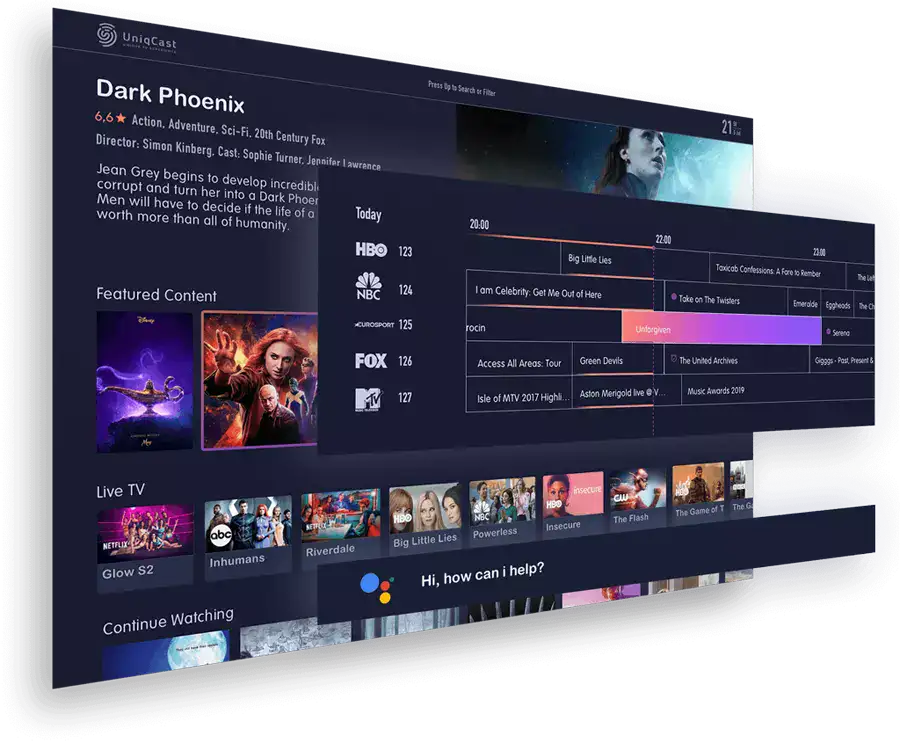 Imagen que muestra la parrilla de programación y la búsqueda de películas con el logotipo blanco de uniqcast en la esquina superior izquierda de la pantalla.