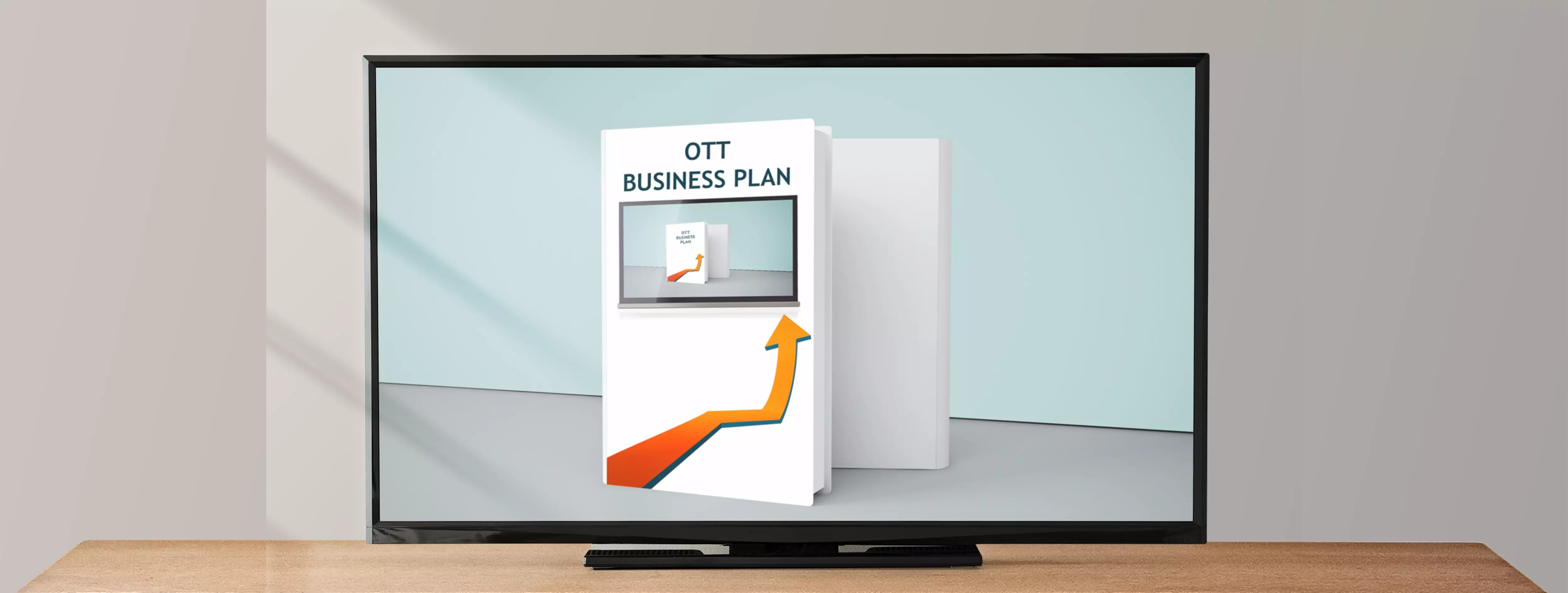 Un libro titulado OTT Business Plan se muestra en la pantalla de un televisor.