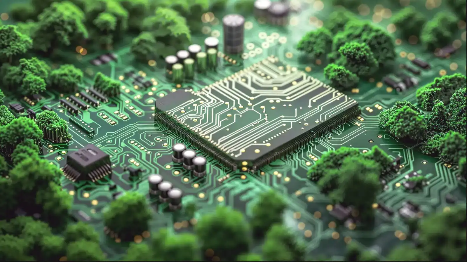 Placa de circuito con árboles que simboliza la conexión entre la tecnología y la naturaleza