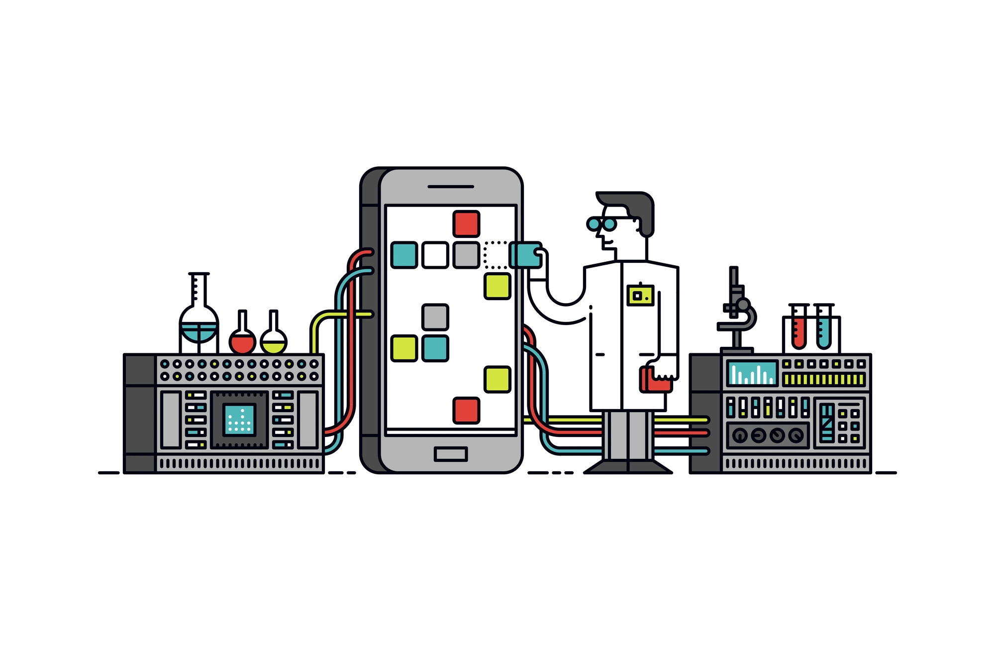 Ilustración de un científico con bata de laboratorio interactuando con un teléfono inteligente grande, rodeado de equipo de laboratorio