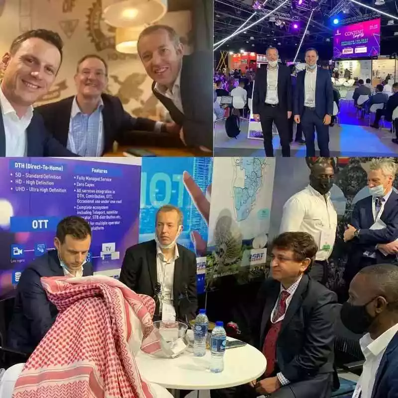 A collage of pictures with business people at a fair.
