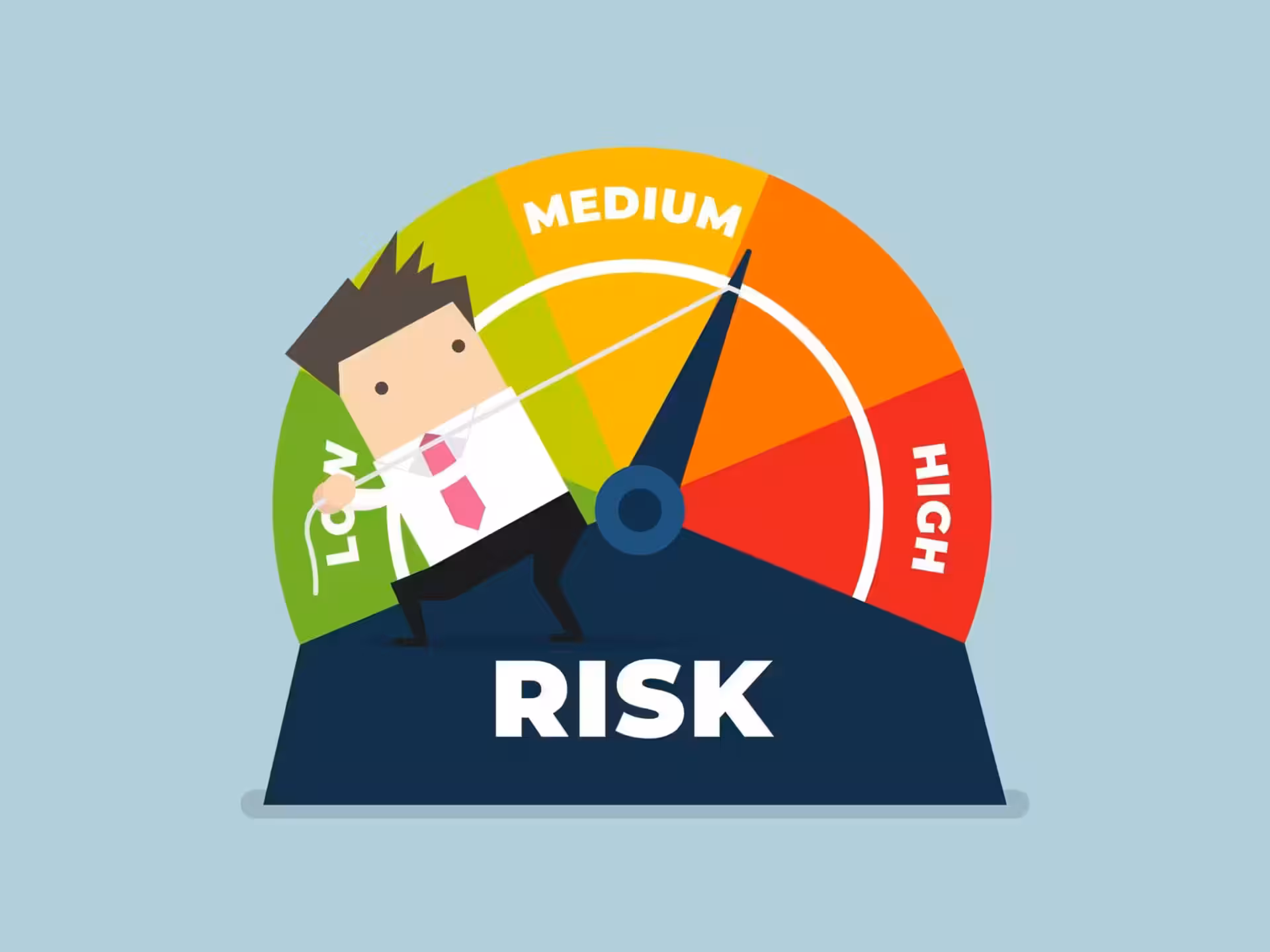 iIlustración de un hombre de negocios que intenta mitigar el riesgo tirando de la palanca del reloj.