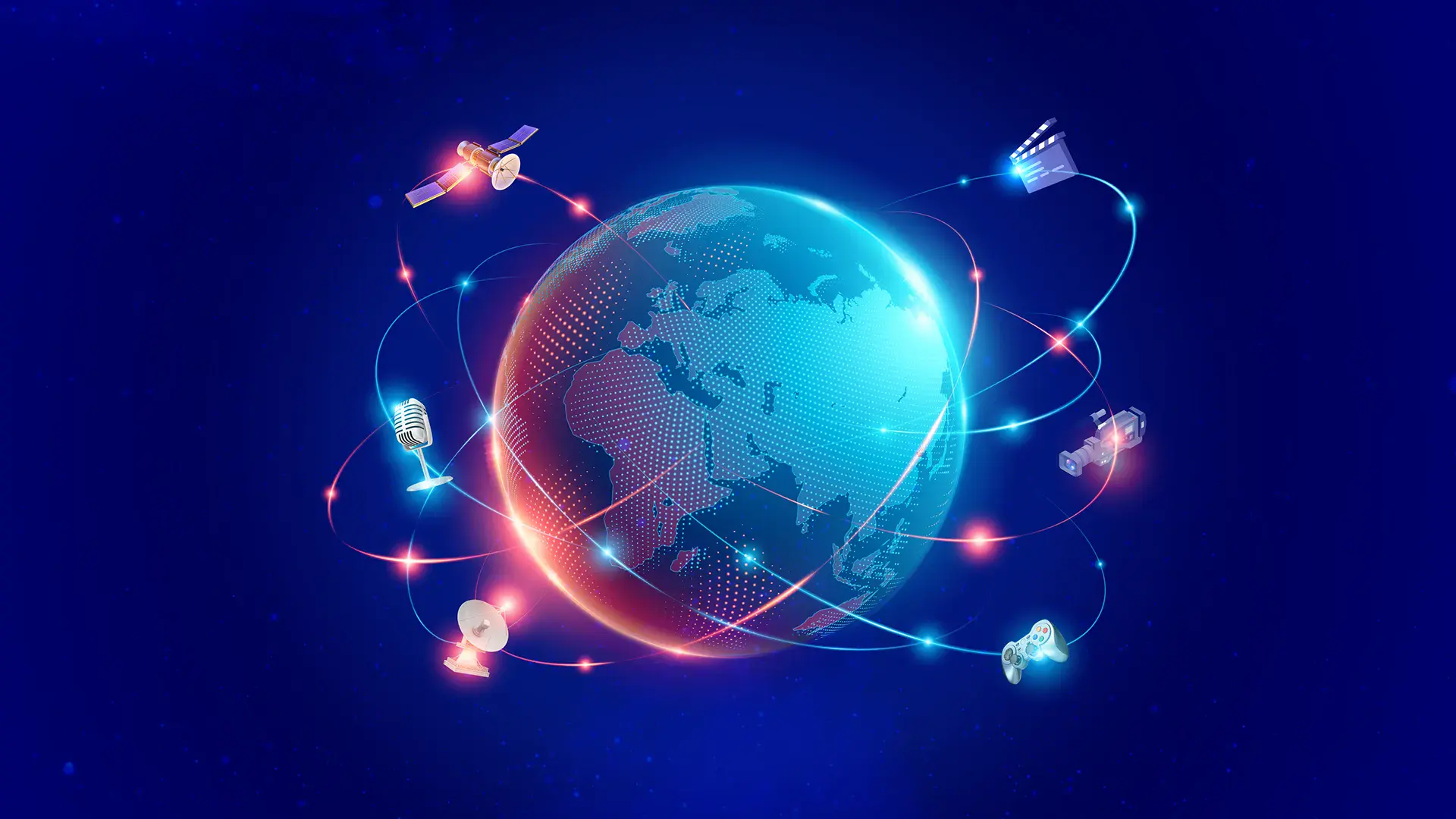earth globe surrounded by multimedia devices with satellite-like trajectories