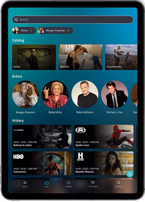 Tablet app interface with UniqCast’s video-on-demand and actor selection.