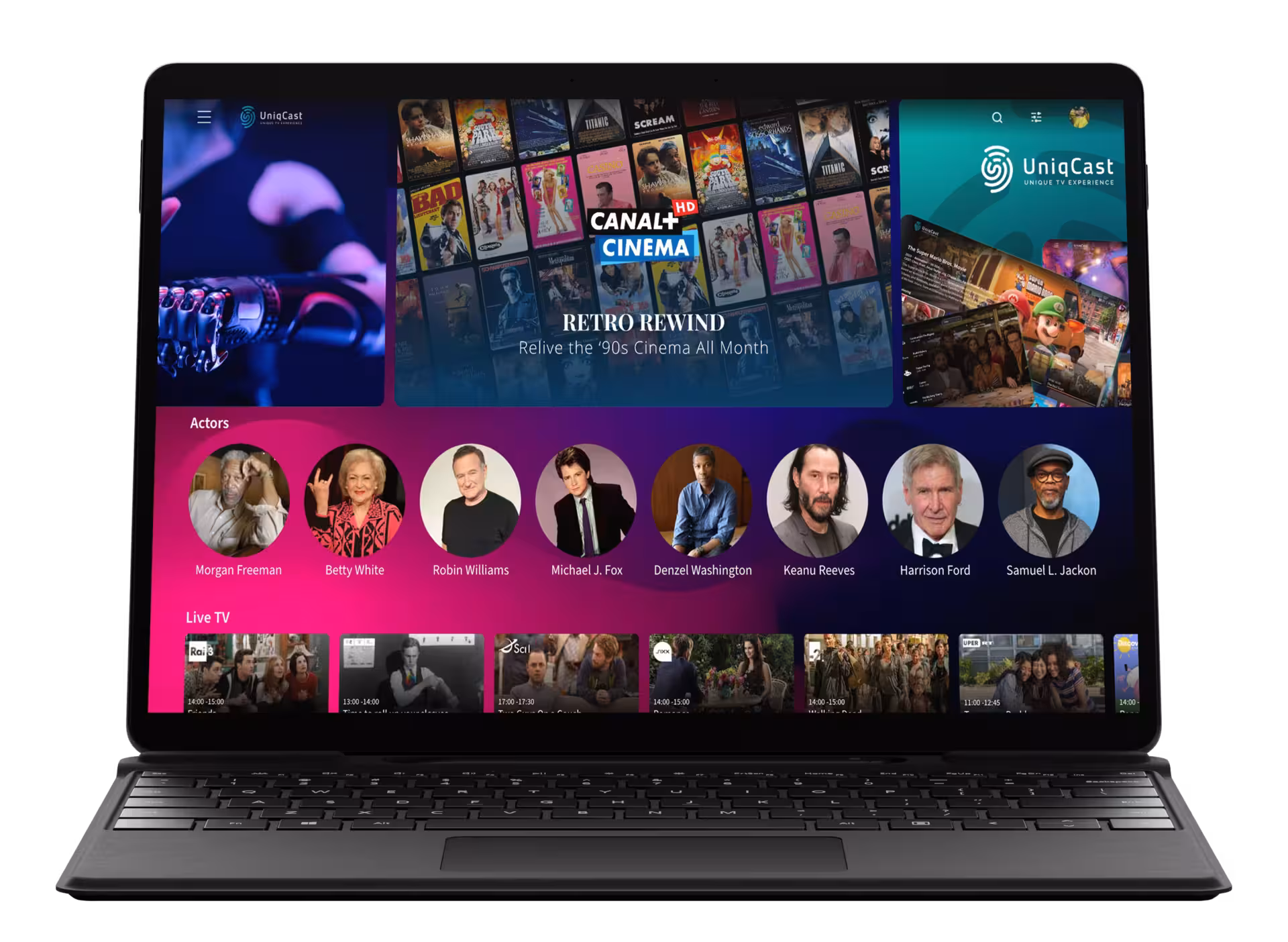 UniqCast uC22 displayed on various devices: TV, tablet, and smartphone.