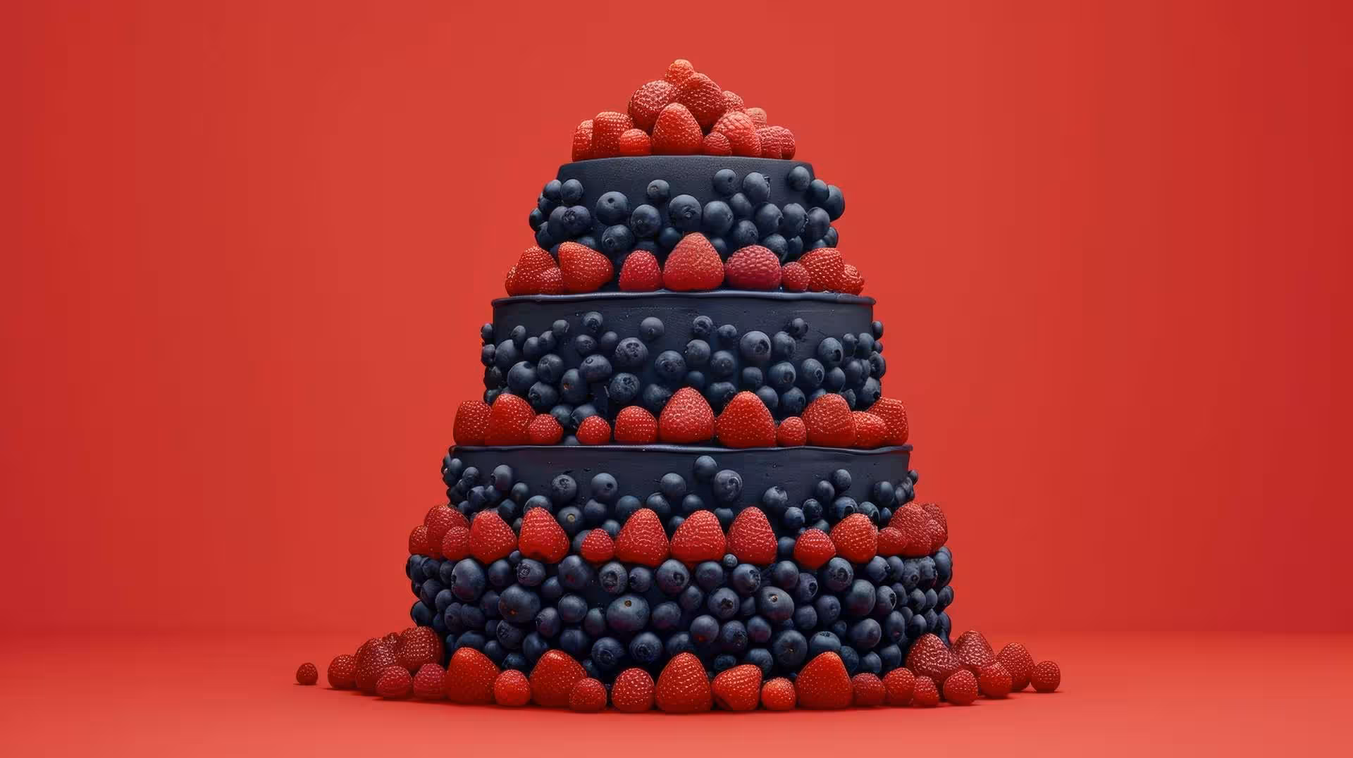 Tarta de tres pisos decorada con bayas rojas y azules, que simboliza el crecimiento en capas y la integración estratégica de plataformas OTT.