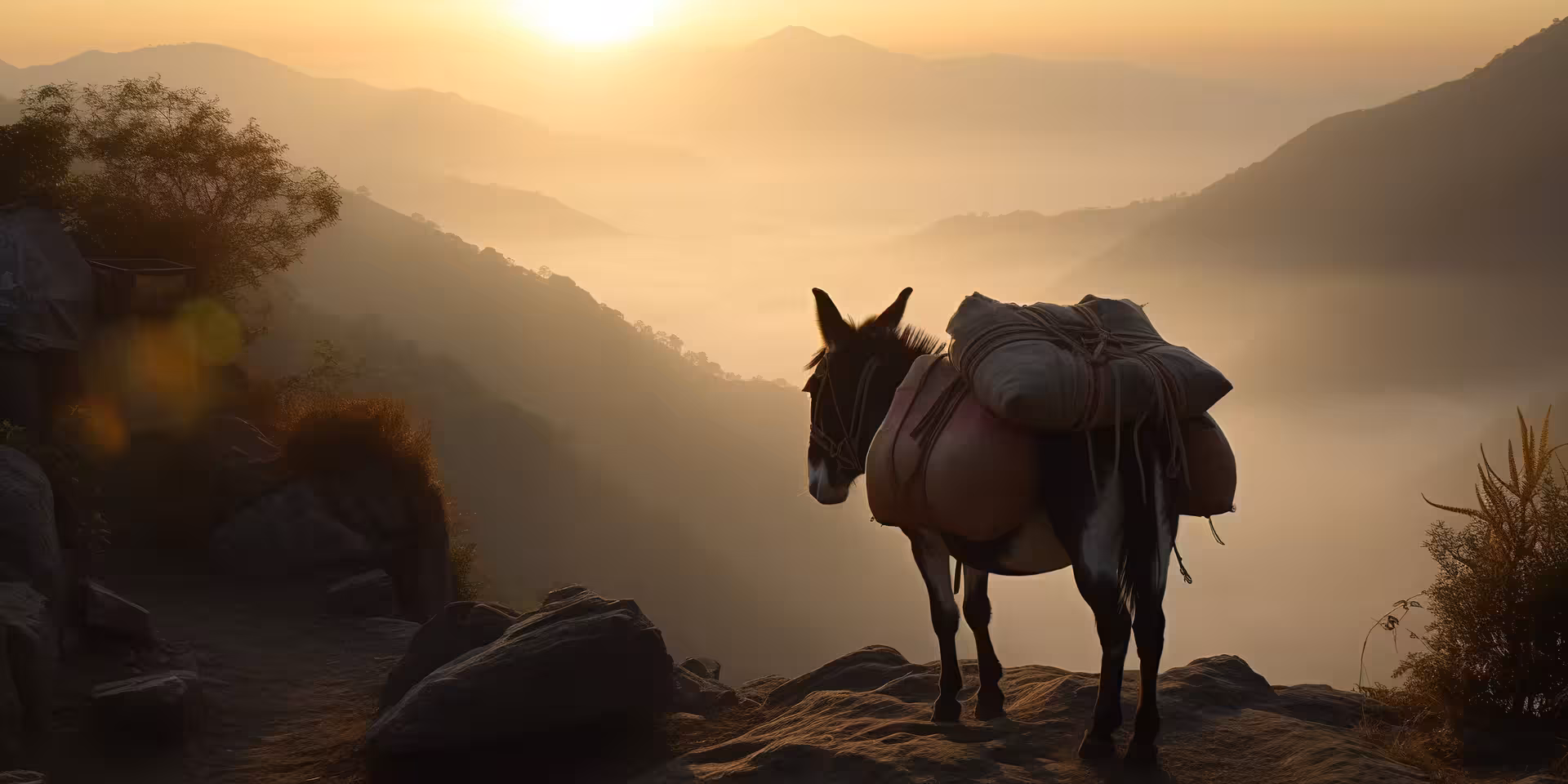Imagen de un animal sobrecargado, un burro, de pie en una montaña mientras el sol se pone en la distancia.