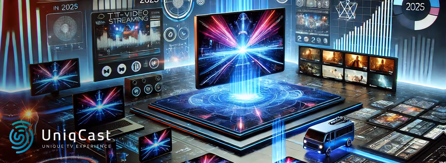 A futuristic display of a large TV screen with a blue background and a purple light.