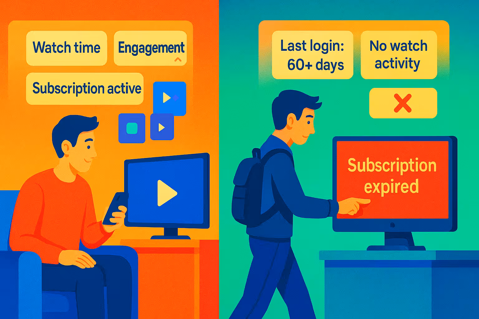 Two scenes: a group watching TV and a man focused on his screen seeing his subscription expired.