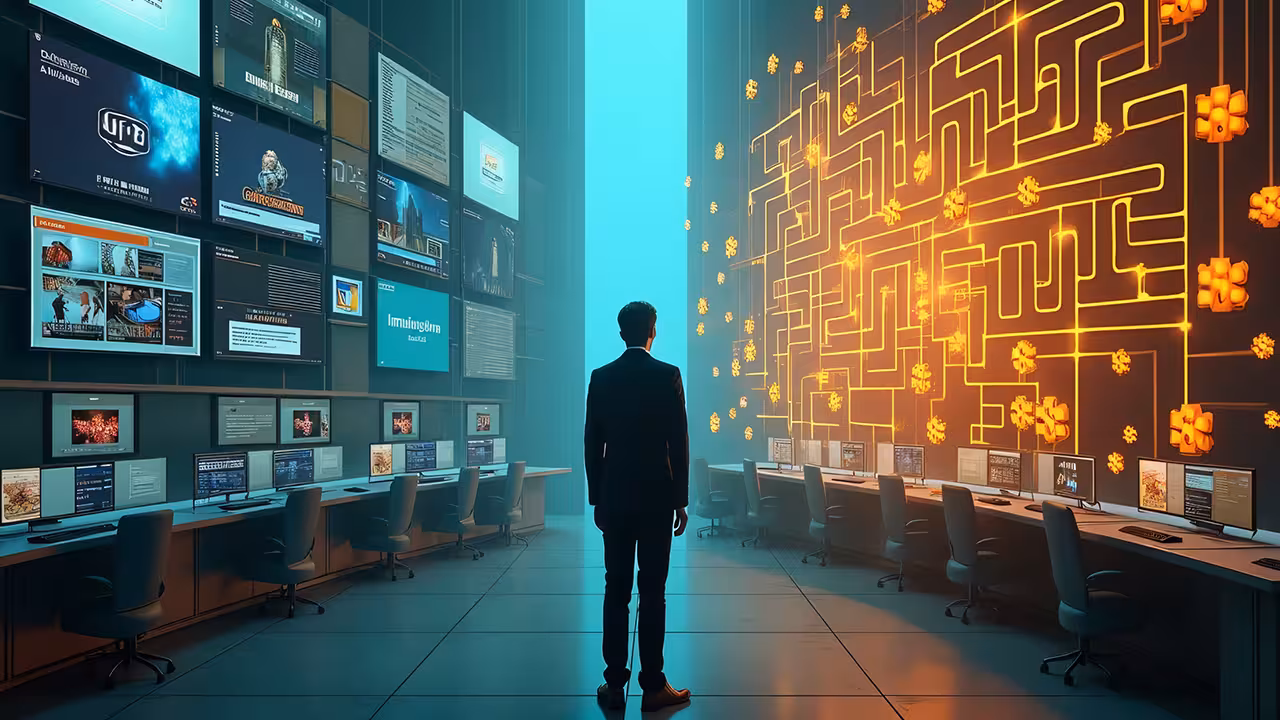 A man in front of a computer screen with a maze backdrop, representing the complexities of challenges for OTT platforms.