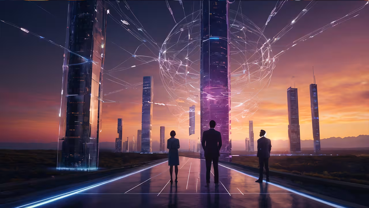 People standing on a road watching an imaginative futuristic design with bold colors and abstract shapes 