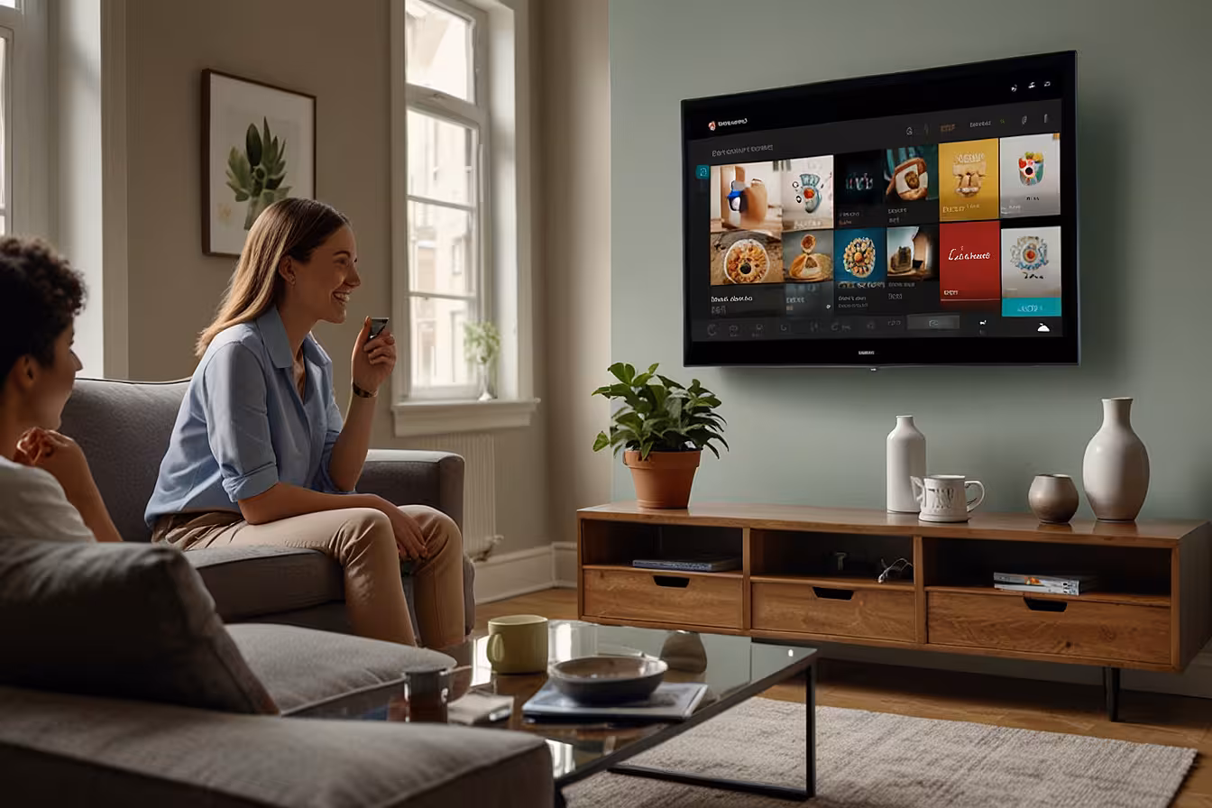 A couple relaxes on a couch, watching TV together in a comfortable living room atmosphere