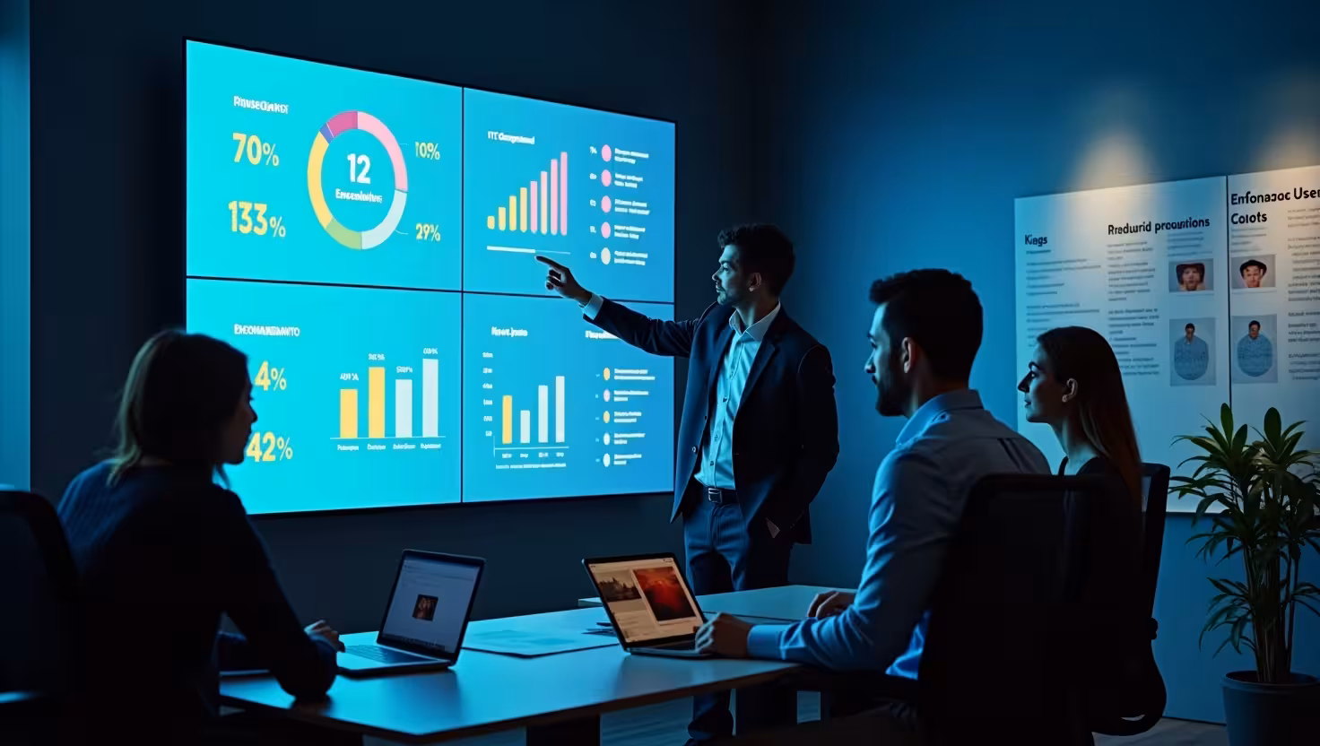 Attendees in a meeting room engaged with a large screen presentation, discussing ideas collaboratively.