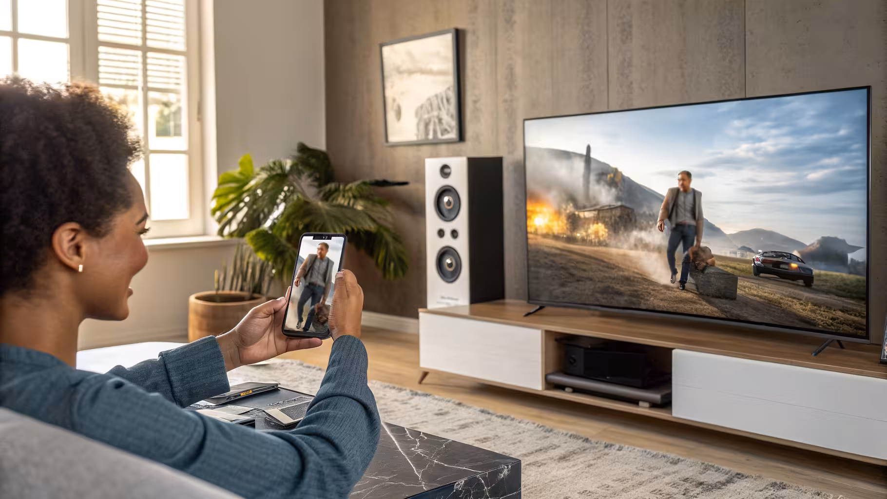 A woman see the same ad on her phone and on the TV, in a relaxed atmosphere in her living room.