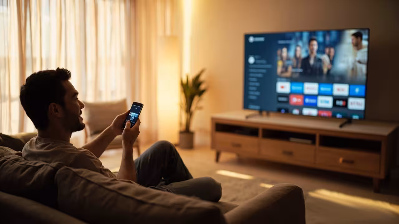 A man relaxed on a couch, focused on a television screen in a comfortable home environment.