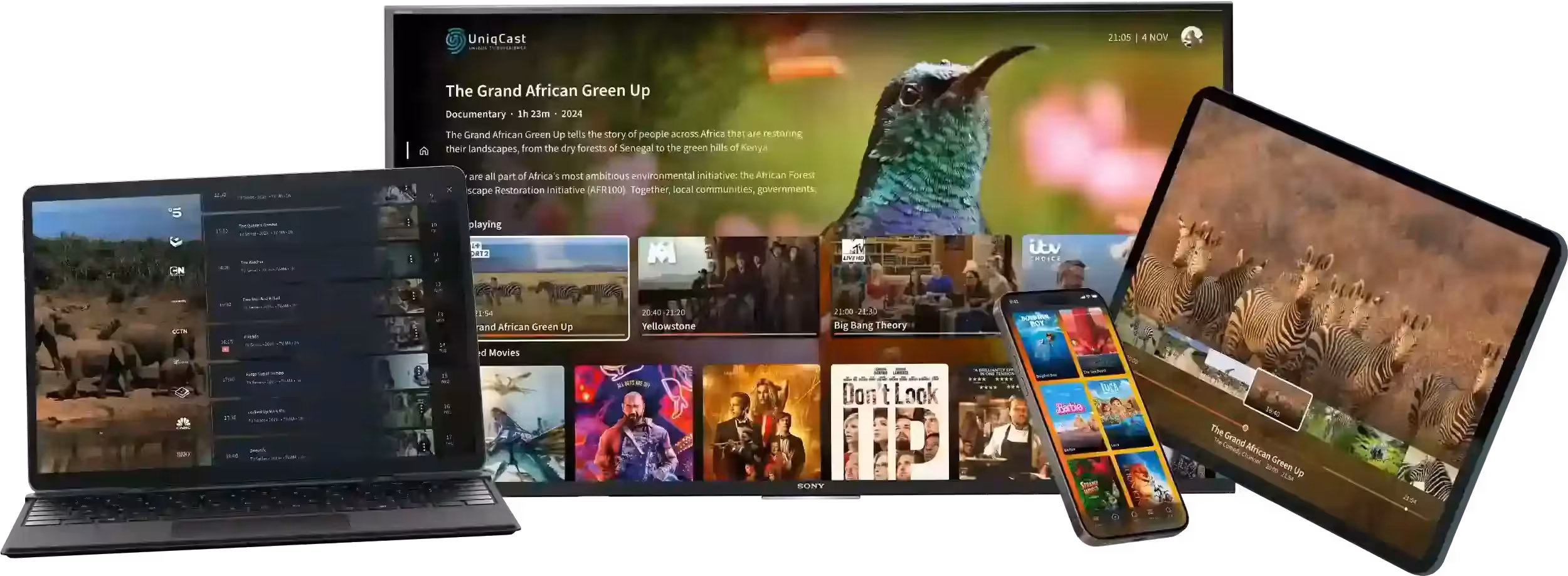 Multiple devices displaying video streaming content and showcasing various films and shows.