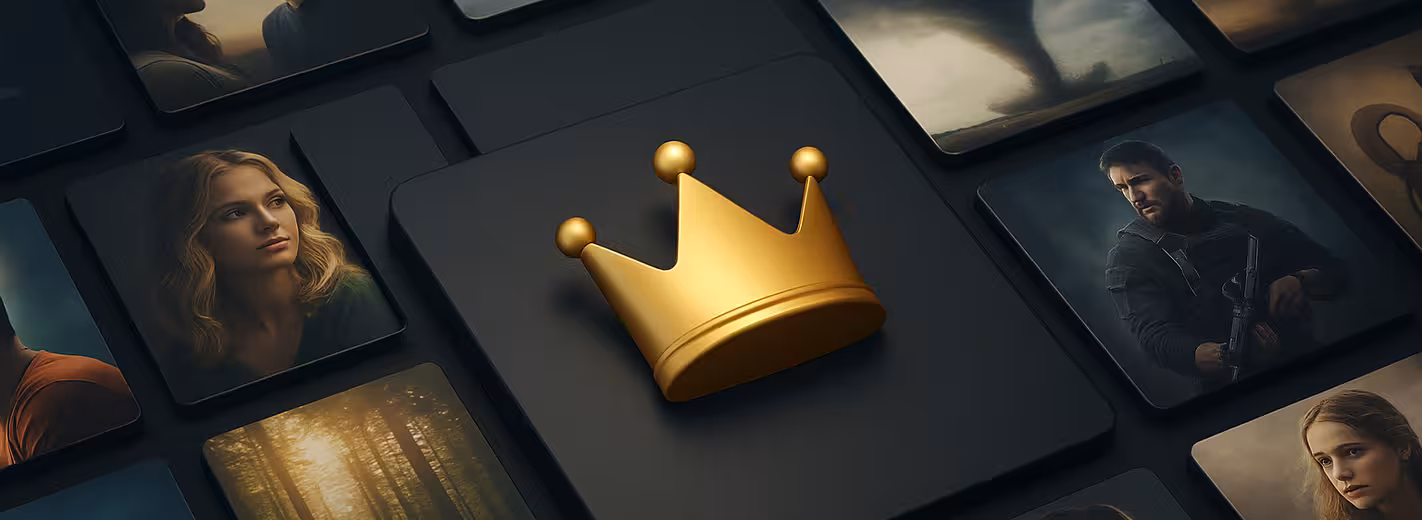 Una corona dorada rodeada de varios pósters coloridos de películas que muestran diferentes géneros y estilos cinematográficos.