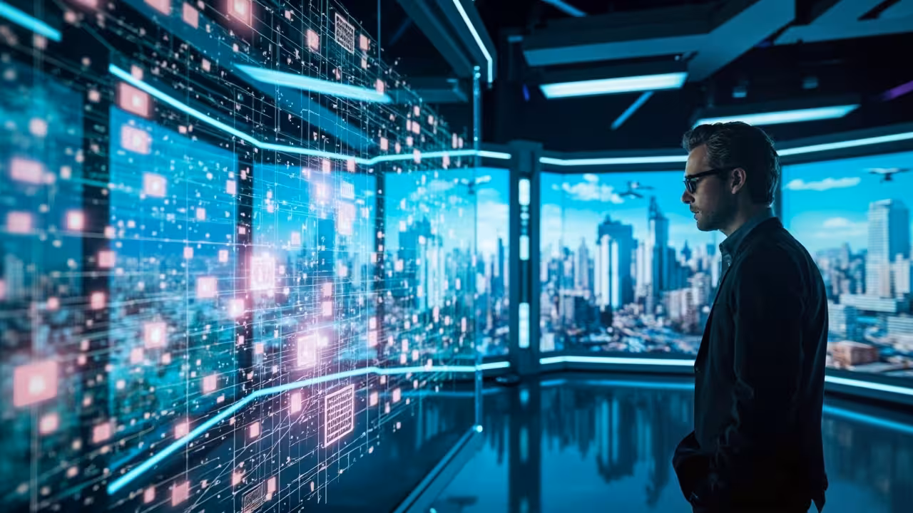 A man in a suit gazes at a screen, with a city skyline visible in the background