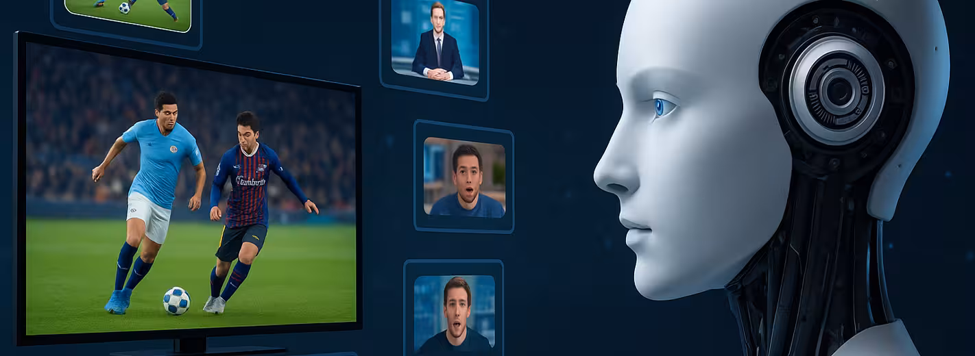 Un robot con una pantalla de televisión muestra a un jugador de fútbol dinámico, fusionando la robótica con el atletismo.