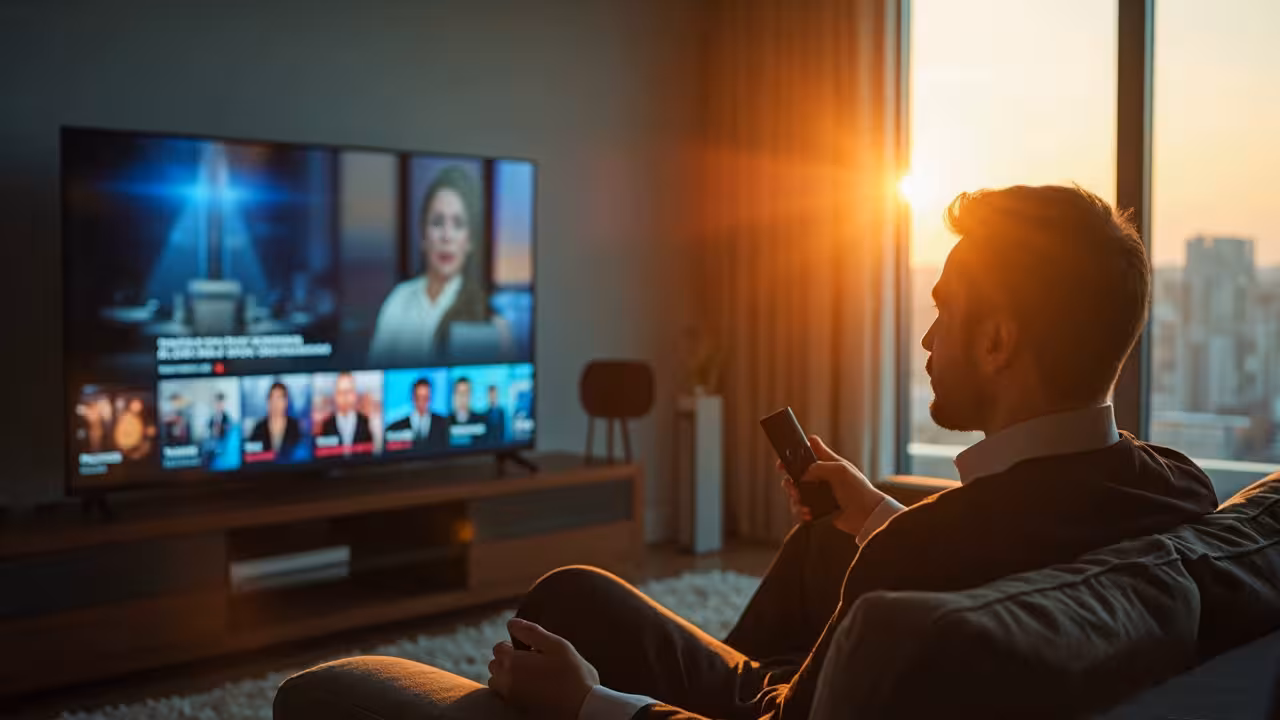 A man sitting on a couch, focused on watching news on television in a cozy living room setting.