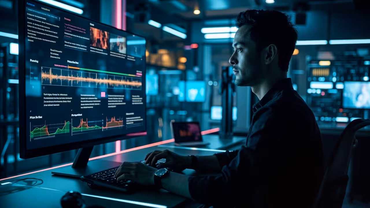 A man sits at a desk, focused on a computer with multiple monitors displaying various applications