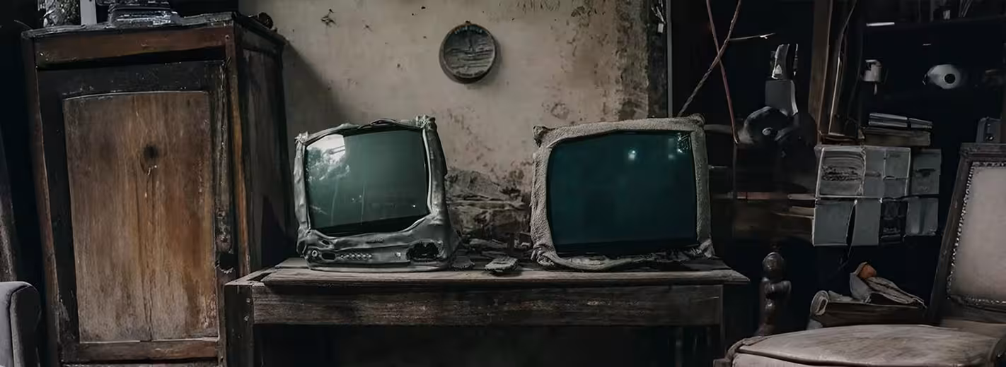 Dos televisores viejos están sobre una mesa, uno de ellos está roto.