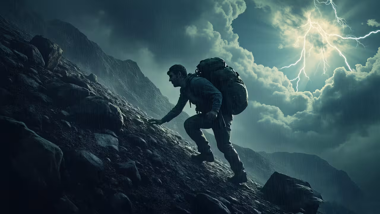 A man with a backpack ascends a steep mountain, showcasing determination and adventure in a rugged landscape.