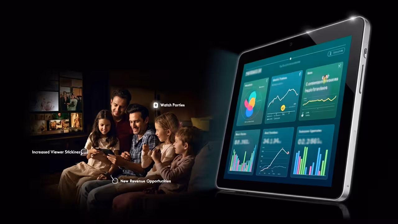 A happy family watching on tablet, while Smart TV is also running behind. Another Tablet showing benefits for OTT operators in graphical representation.