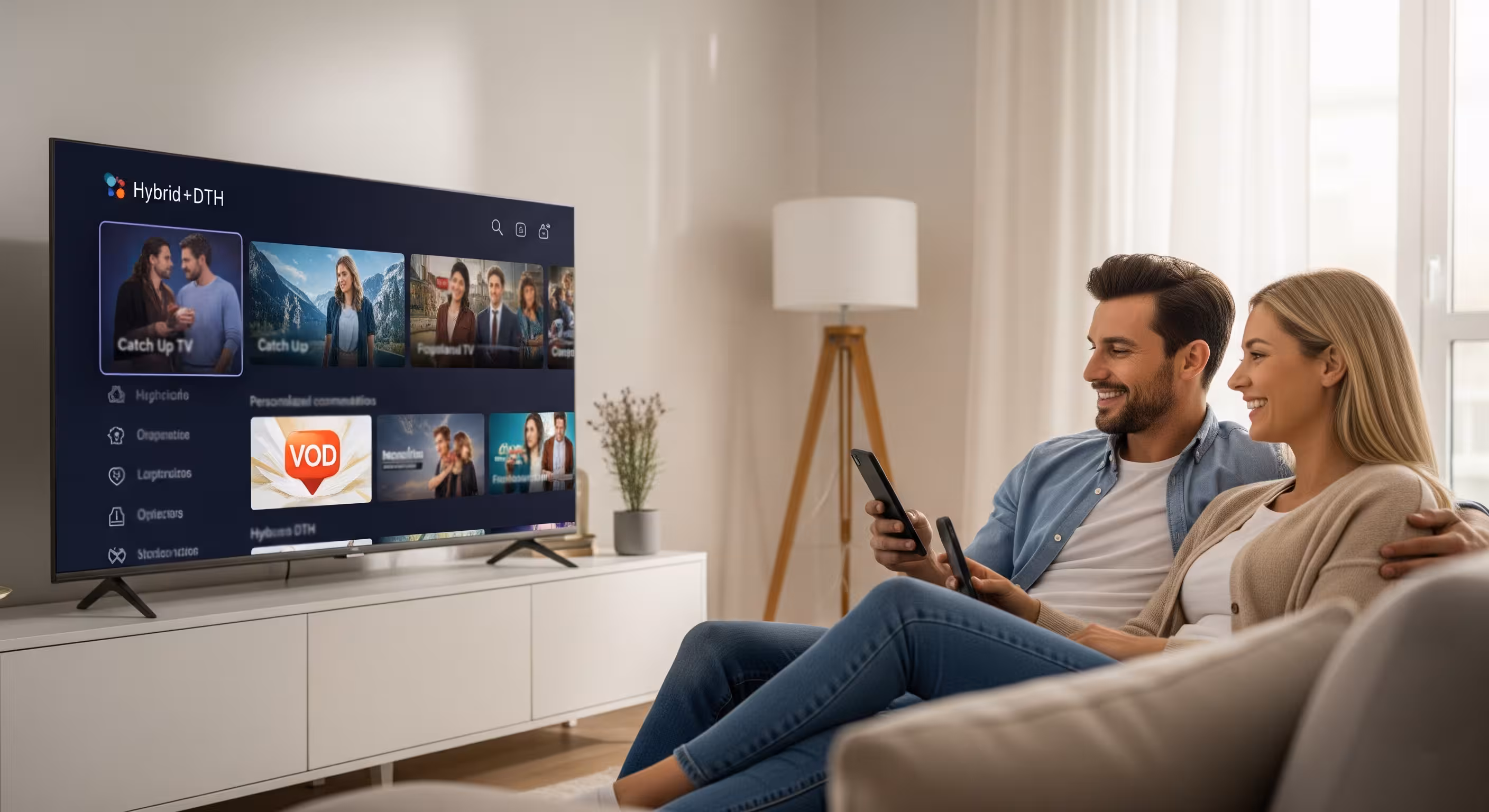  A couple is seated on a couch, engaged in watching television on a smart TV in a warm, inviting living room.