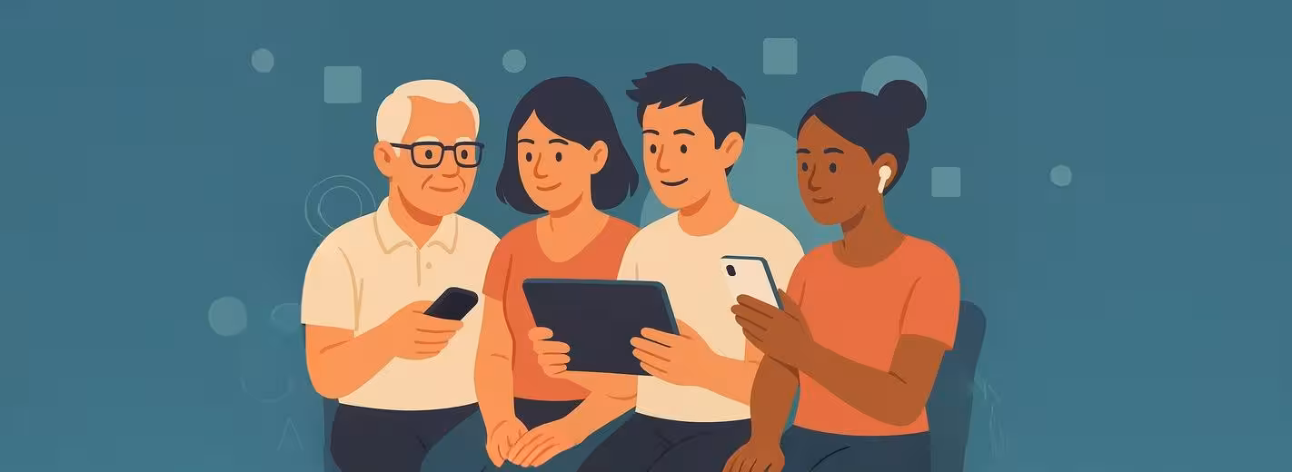 Un grupo diverso de personas de diferentes edades sentadas juntas en un sofá, que representan experiencias de transmisión de generaciones en generación.