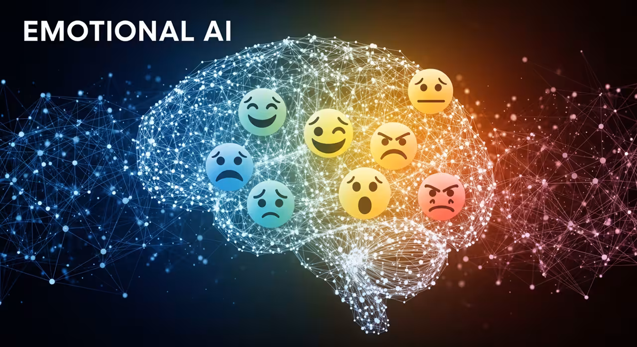 Image depicting the concept of emotional AI transforming customer experience in a futuristic setting.