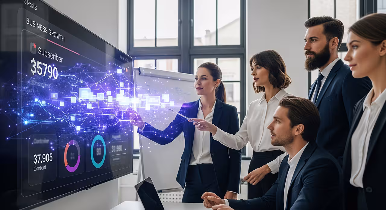 Business professionals in a meeting room, discussing data displayed on a large screen.