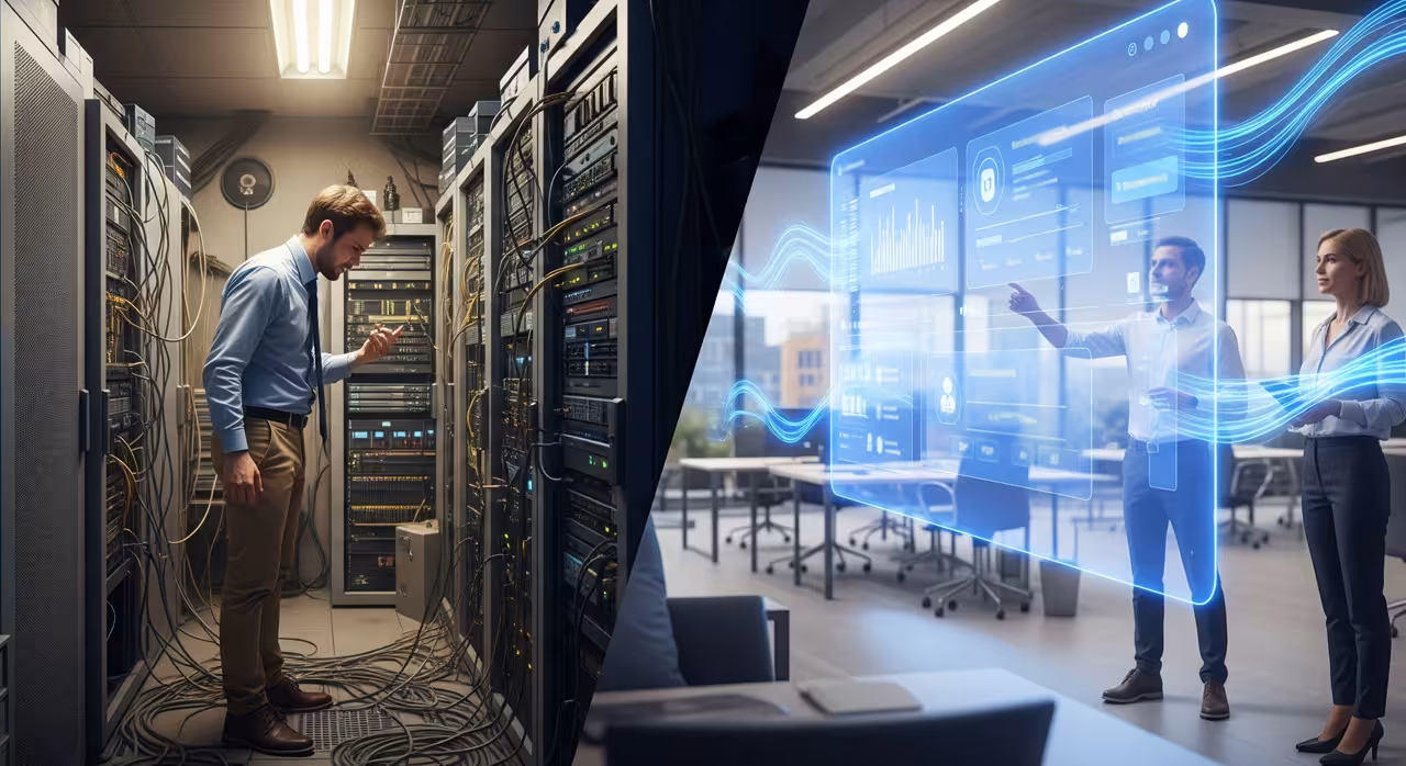 Split image: one side features a puzzled individual with old tech, while the other shows a user efficiently utilizing PaaS.