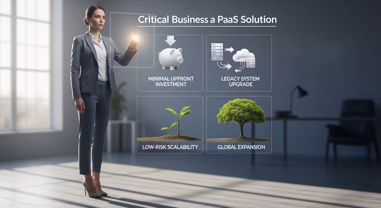 A professional woman in business clothing presents a card labeled "Critical Business Process Solution," showcasing Paas benefits