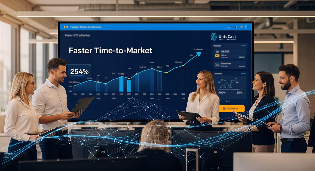 A group of people gathered around a large screen displaying various graphs and data for discussion.