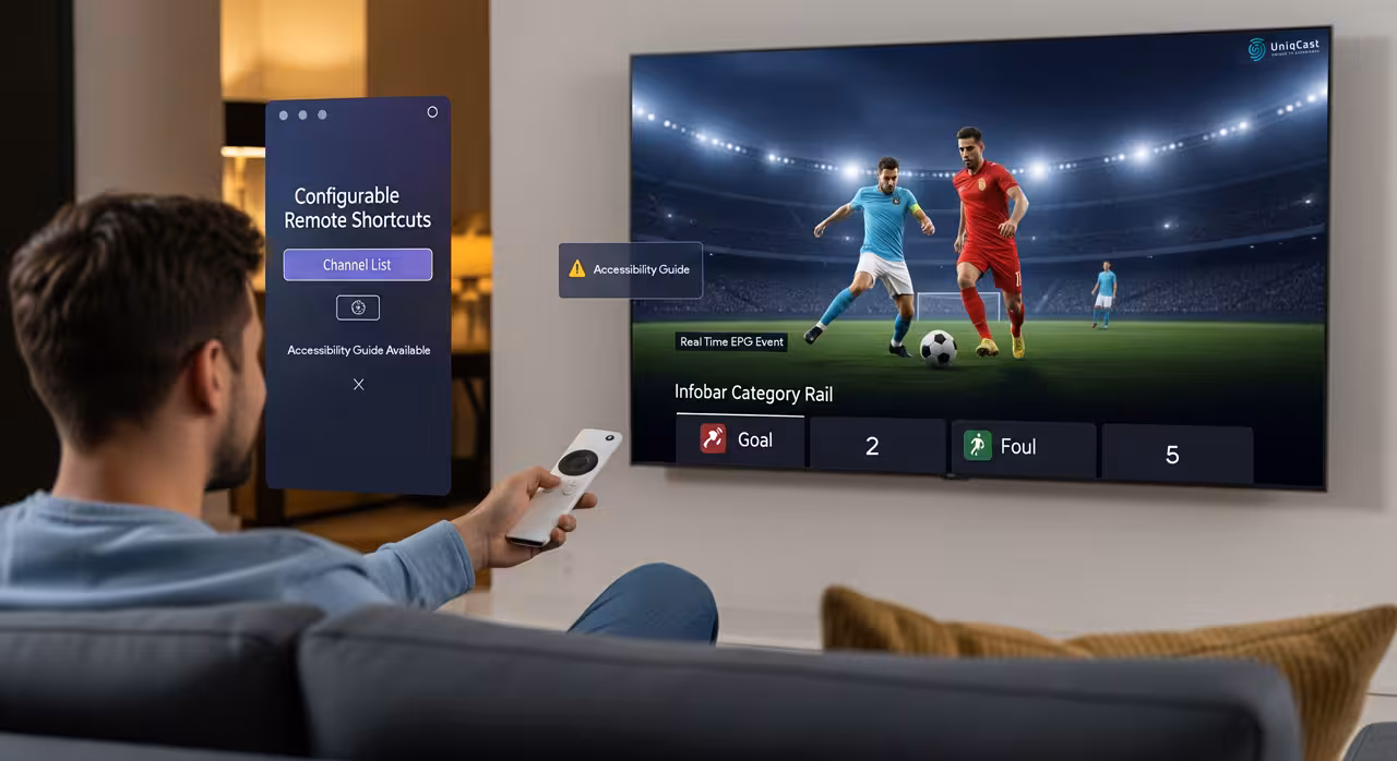 A man is focused on a soccer game displayed on his TV, highlighting the STB app's effective branding and navigation.  