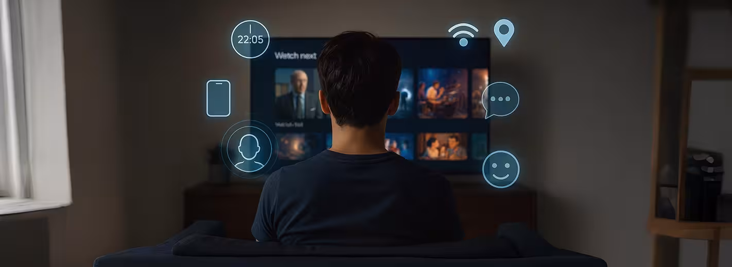 Un hombre se sienta frente a un televisor con varios íconos que ilustran las recomendaciones de OTT con señales contextuales.