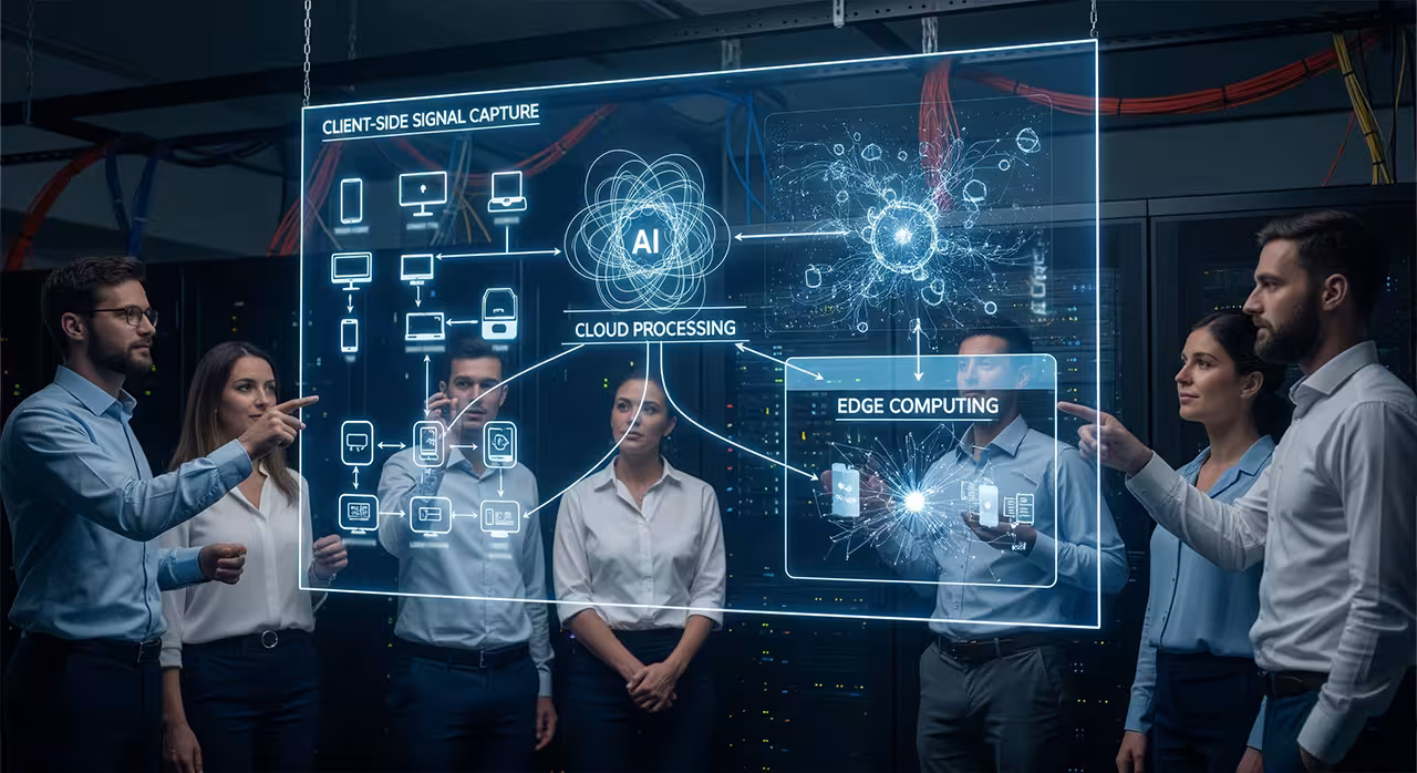 Business people gather in front of a computer screen, engaged in a discussion about technology behind the scenes.