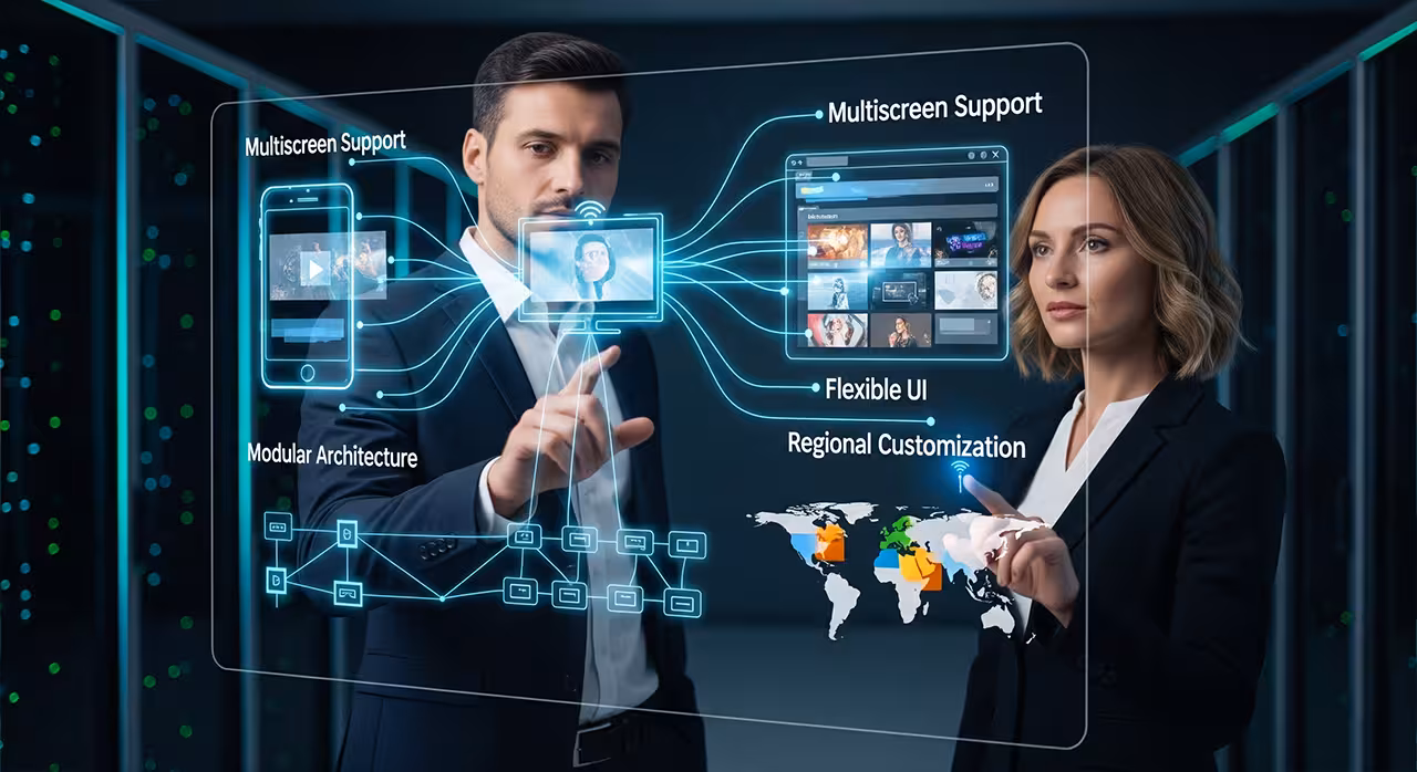 A man and woman in business attire focus on a computer screen showing a network of icons, exploring contextual signals for OTT.