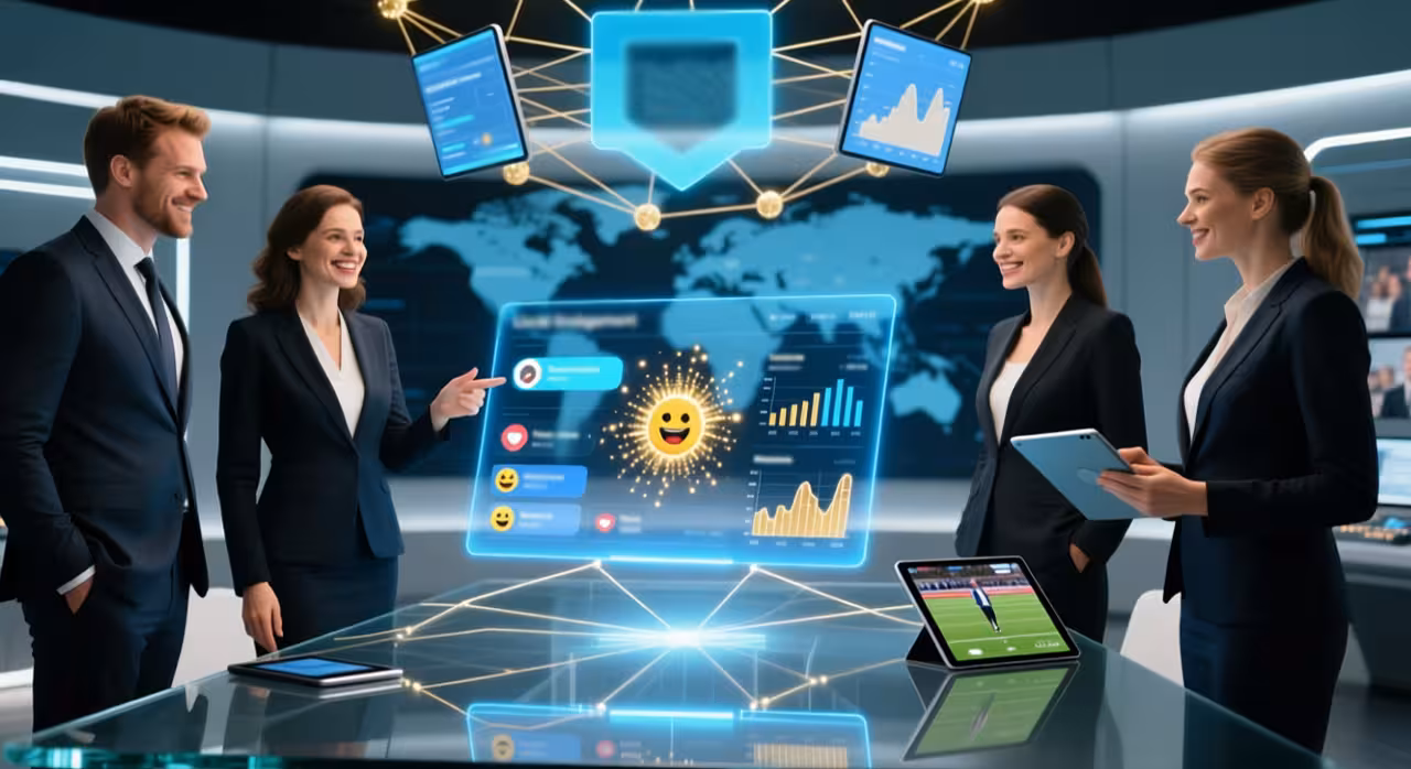 Business professionals in suits and ties collaborating while viewing a computer screen, discussing social connectivity in OTT.